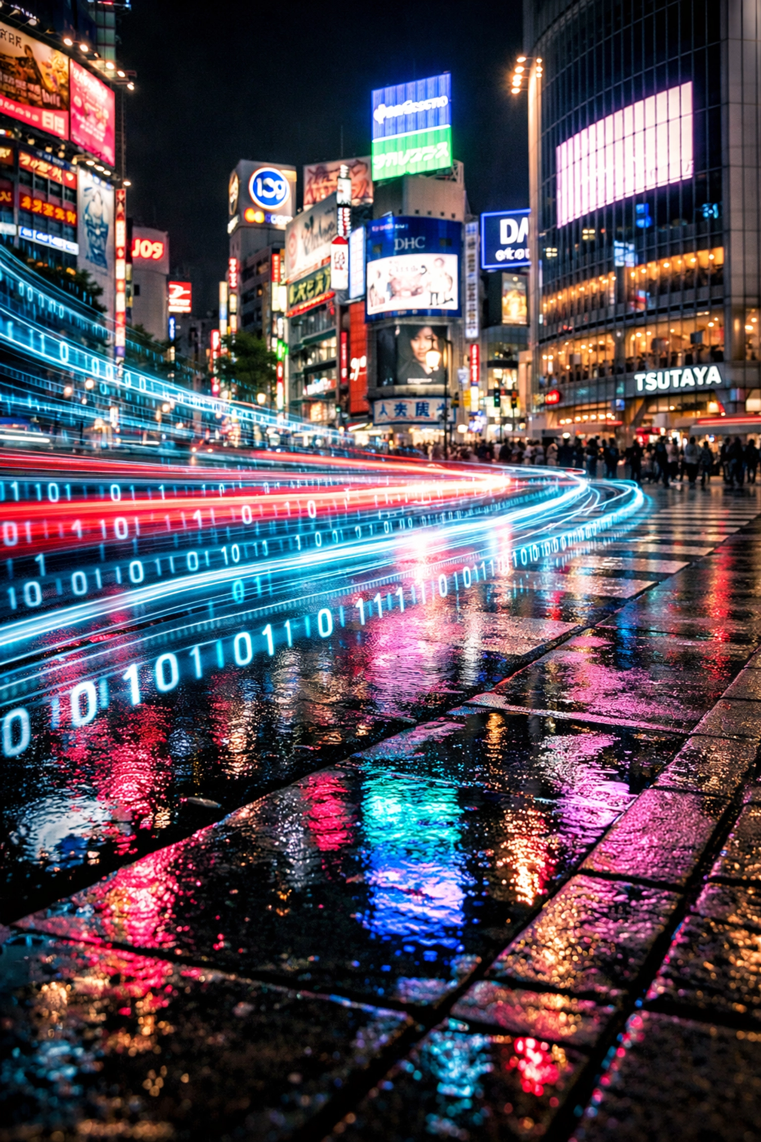 Tokyo street night shot with digital data light trails, showing the futuristic impact of AI photography news.