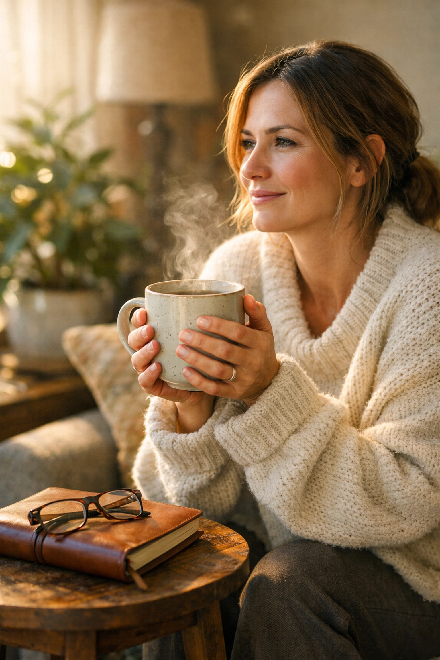 Reflective woman in a cozy sweater with a mug, beginning her journey of building real self-belief.
