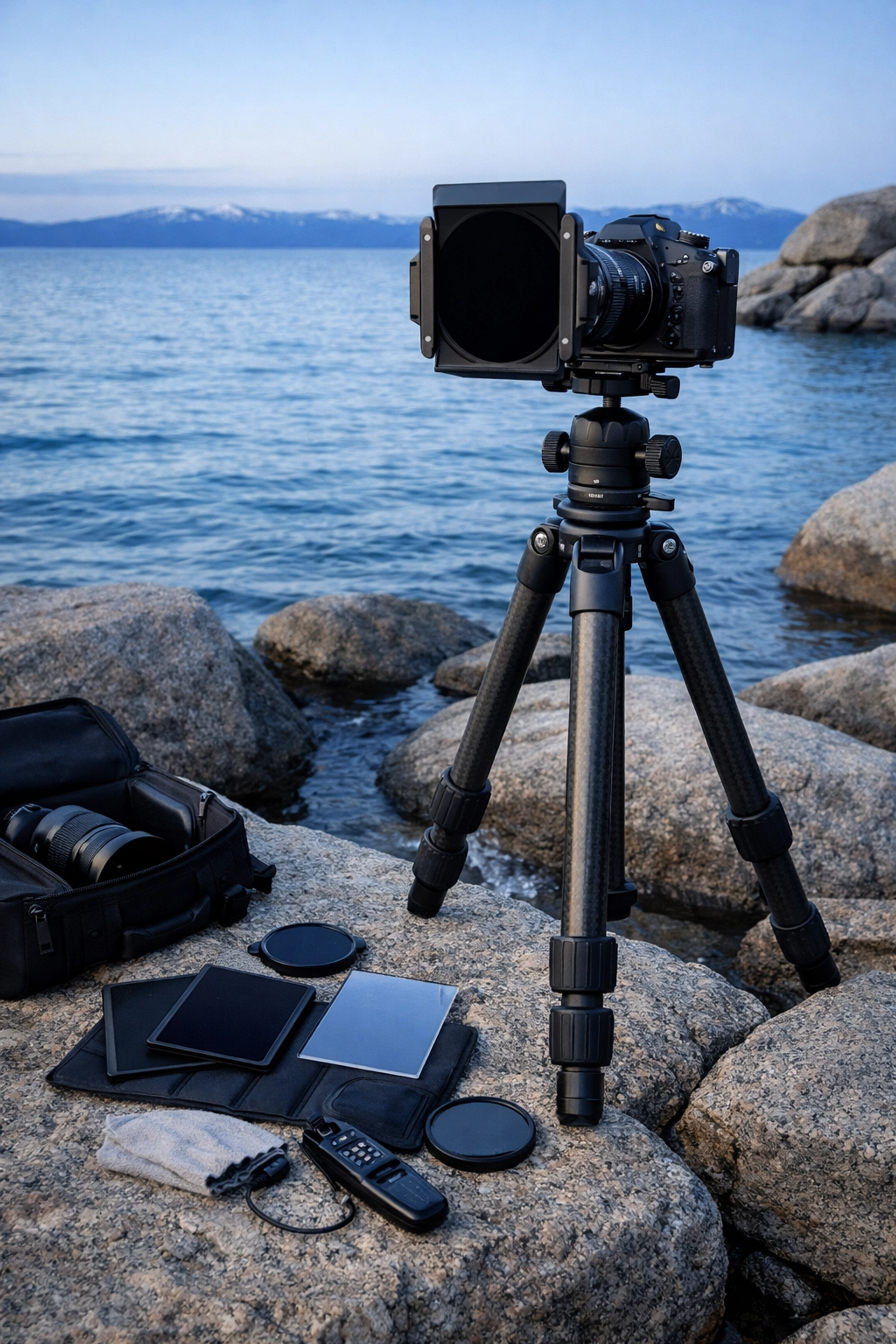 Professional camera gear setup for long exposure landscape photography on the shores of Lake Tahoe.