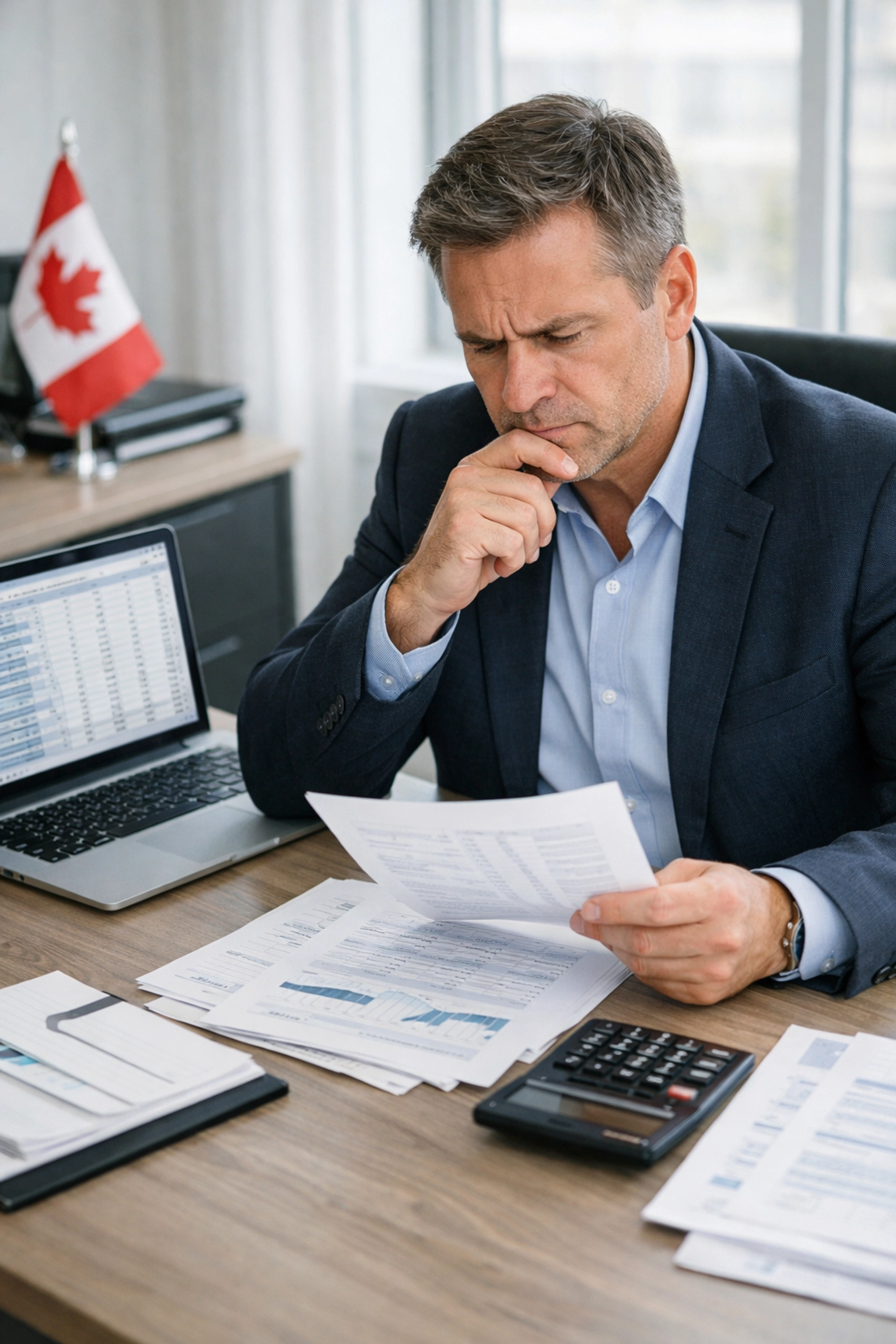 Business owner reviewing financial documents and loan application paperwork at office desk