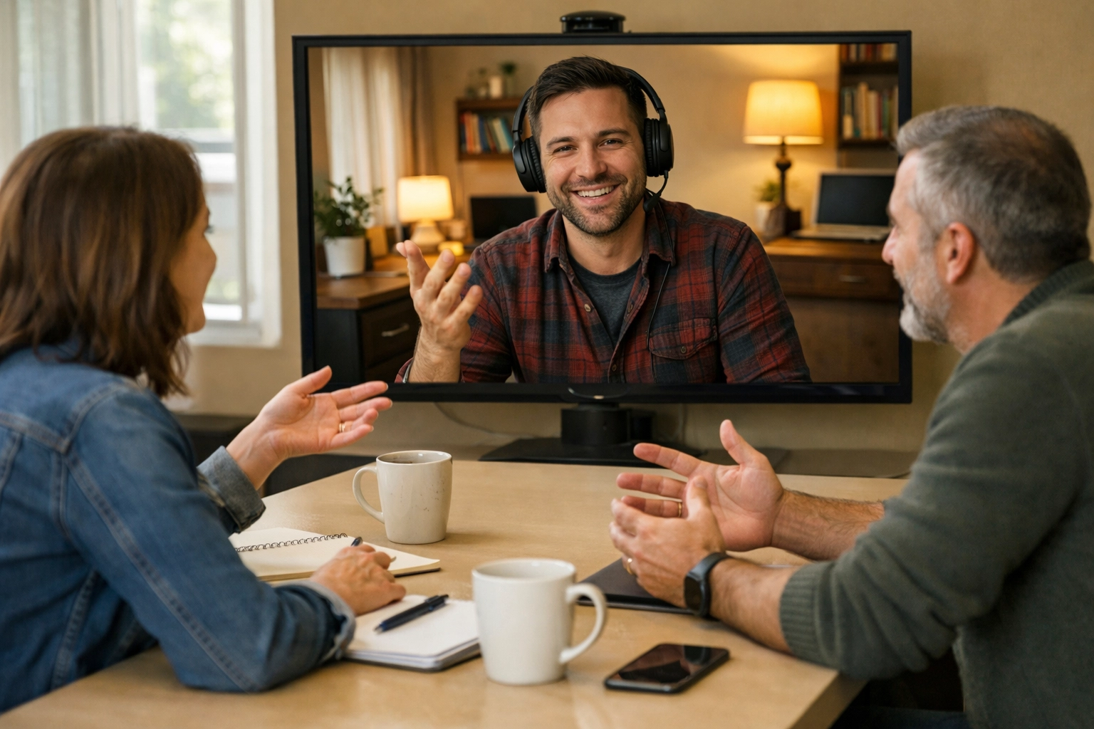 Hybrid team meeting showing remote and in-person collaboration for distributed workforce