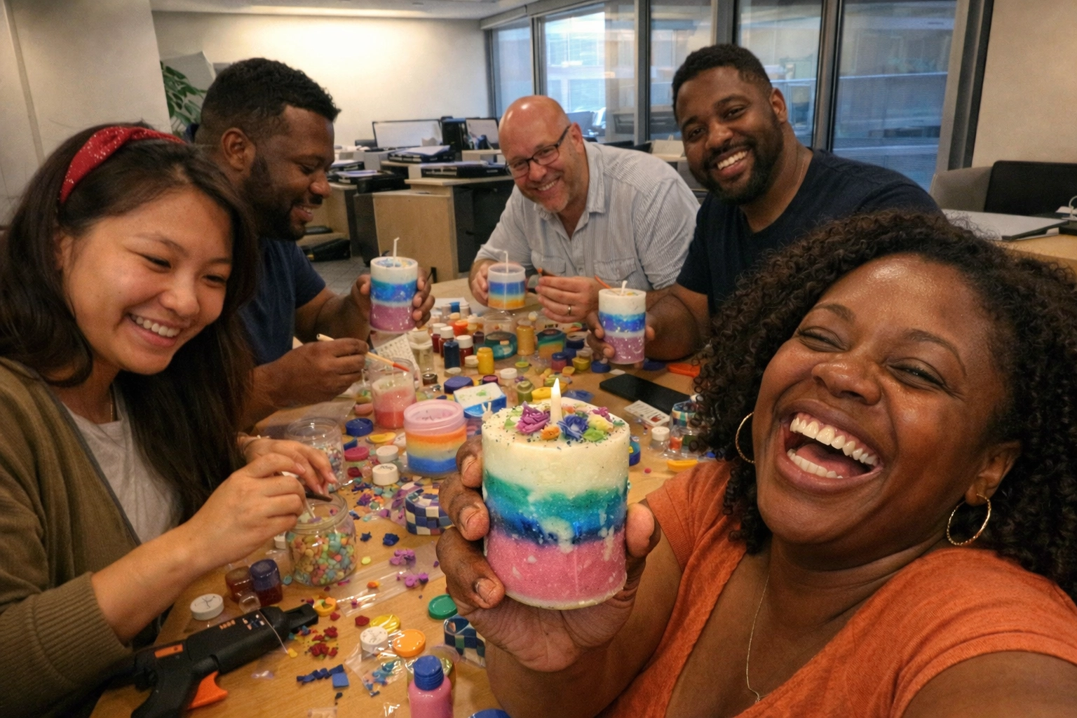 Diverse coworkers enjoying creative candle making workshop in modern office space