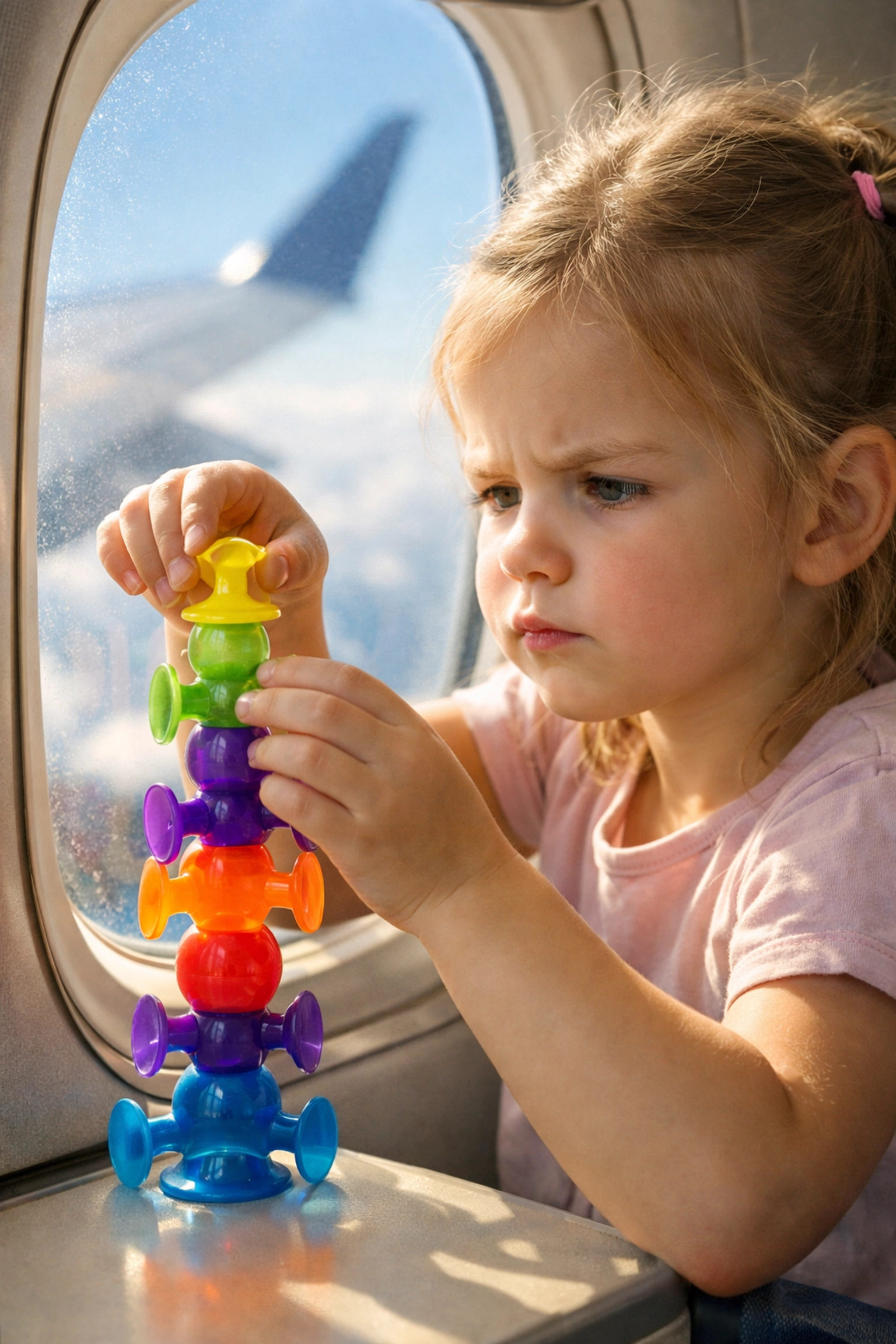 15 Funnest Family Travel Activities to Capture Genuine Emotions (Without the Tantrums) 1 A child playing with colorful suction toys on an airplane window, a great activity for family travel photography.