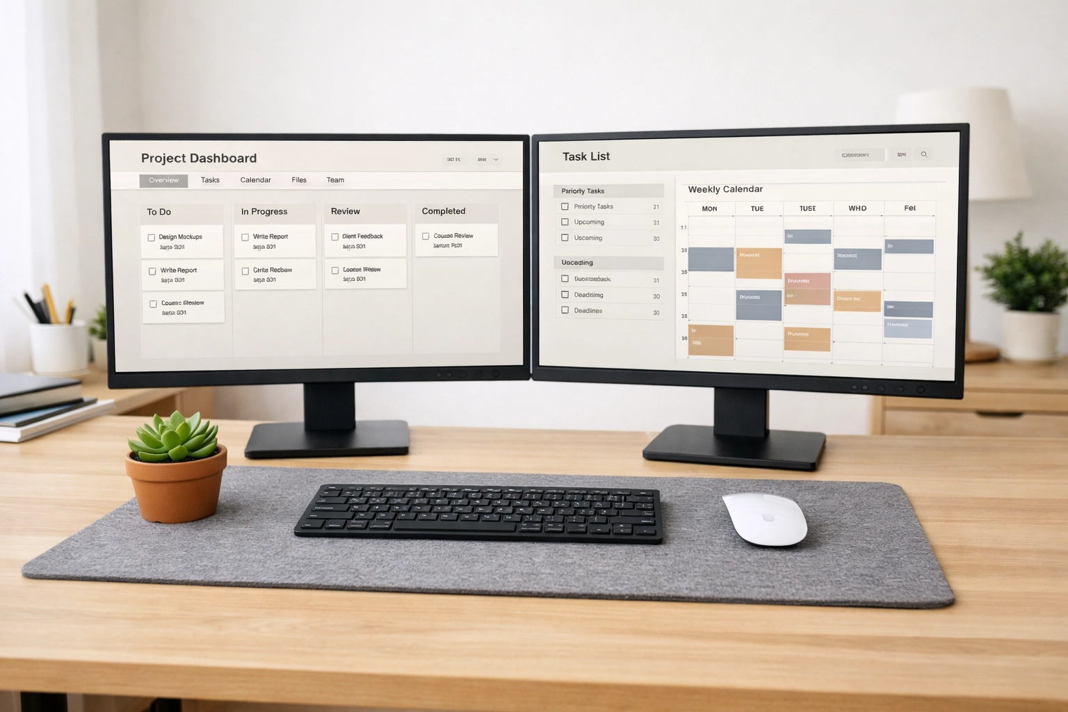 Dual-monitor office setup showing project management tools for efficient remote operational support.