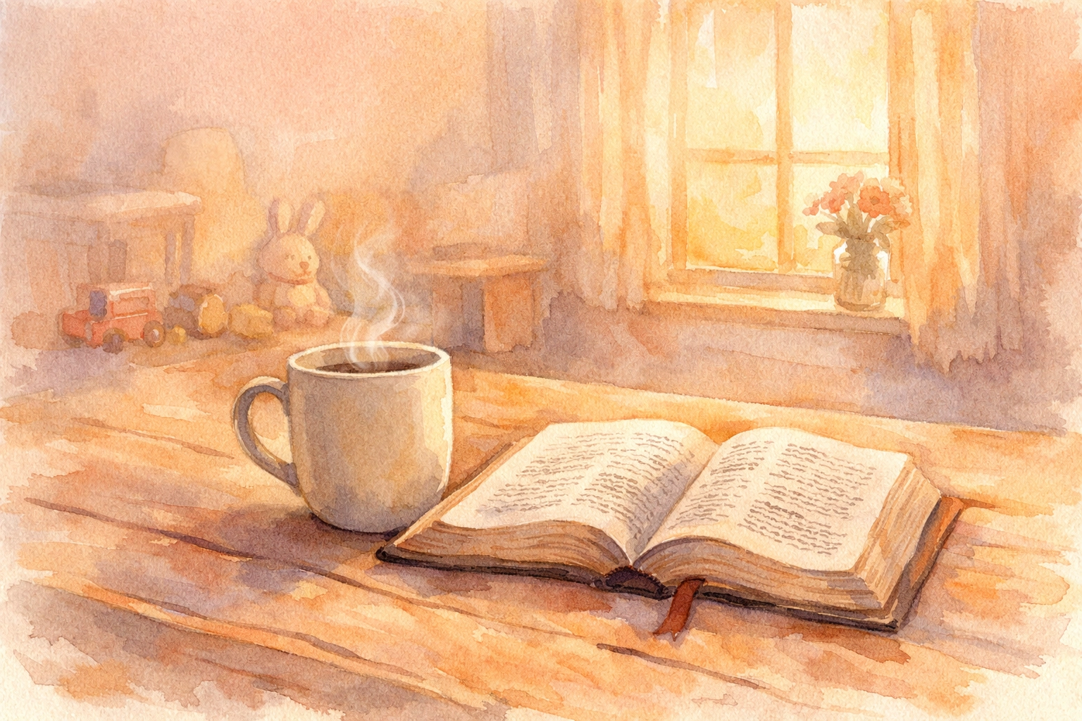 Coffee and open Bible on kitchen table at dawn for morning parent devotional
