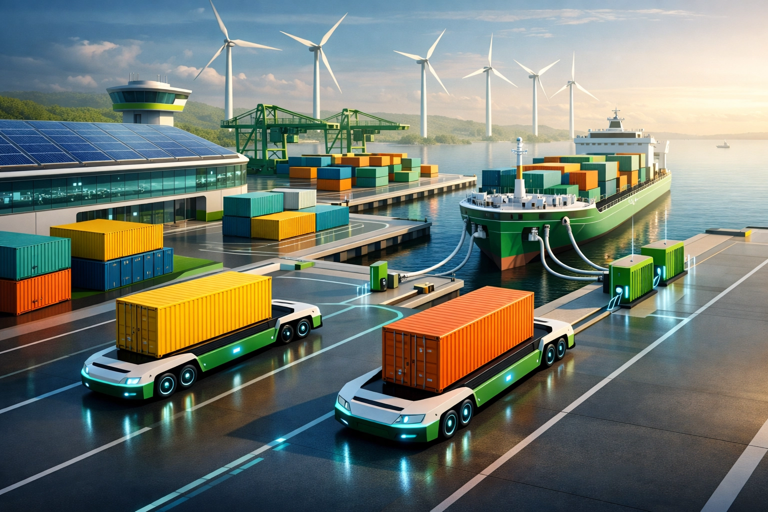 Sustainable smart port facility with green technology and renewable energy