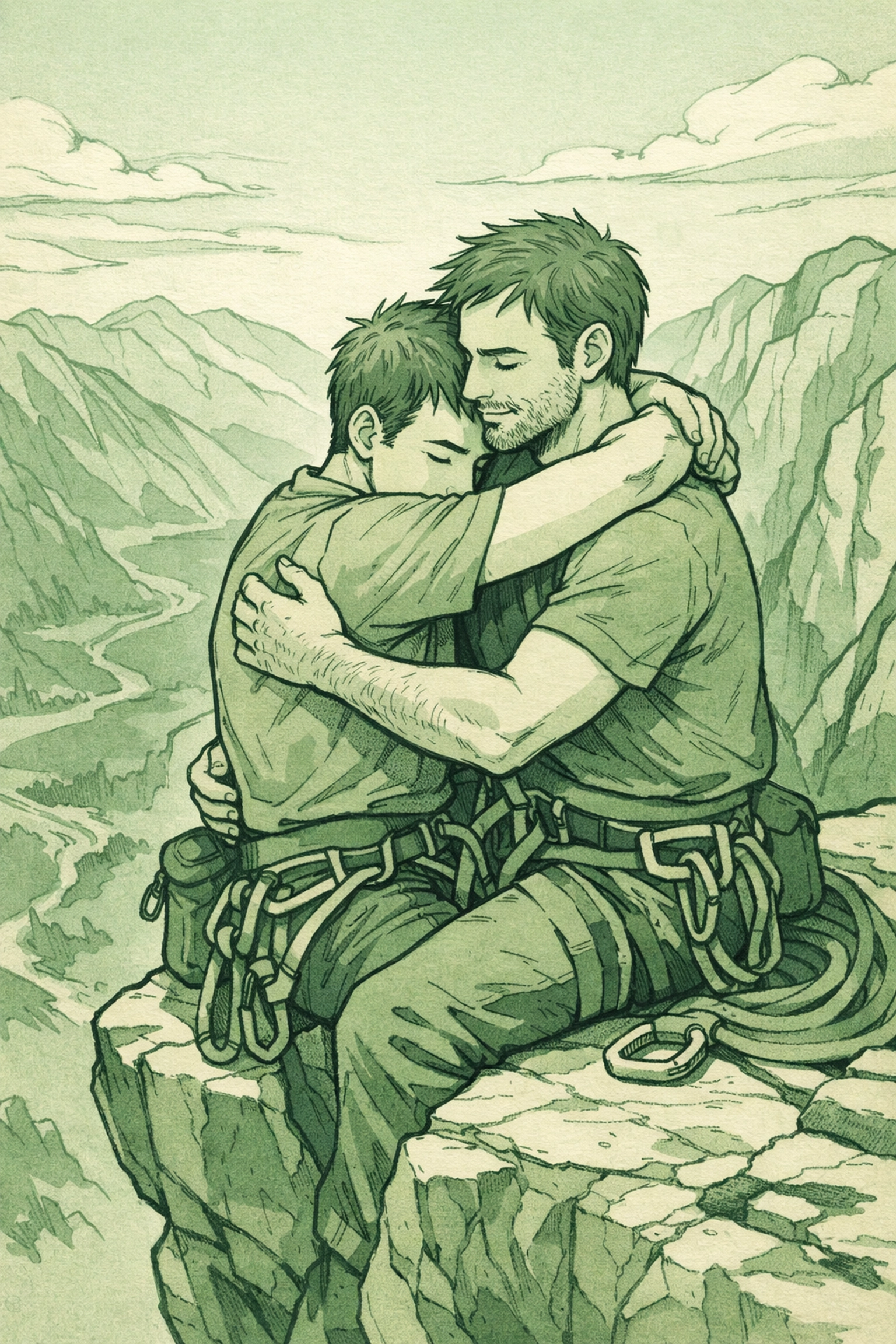 Gay male climbers embracing on granite ledge high above ground - outdoor MM erotica scene