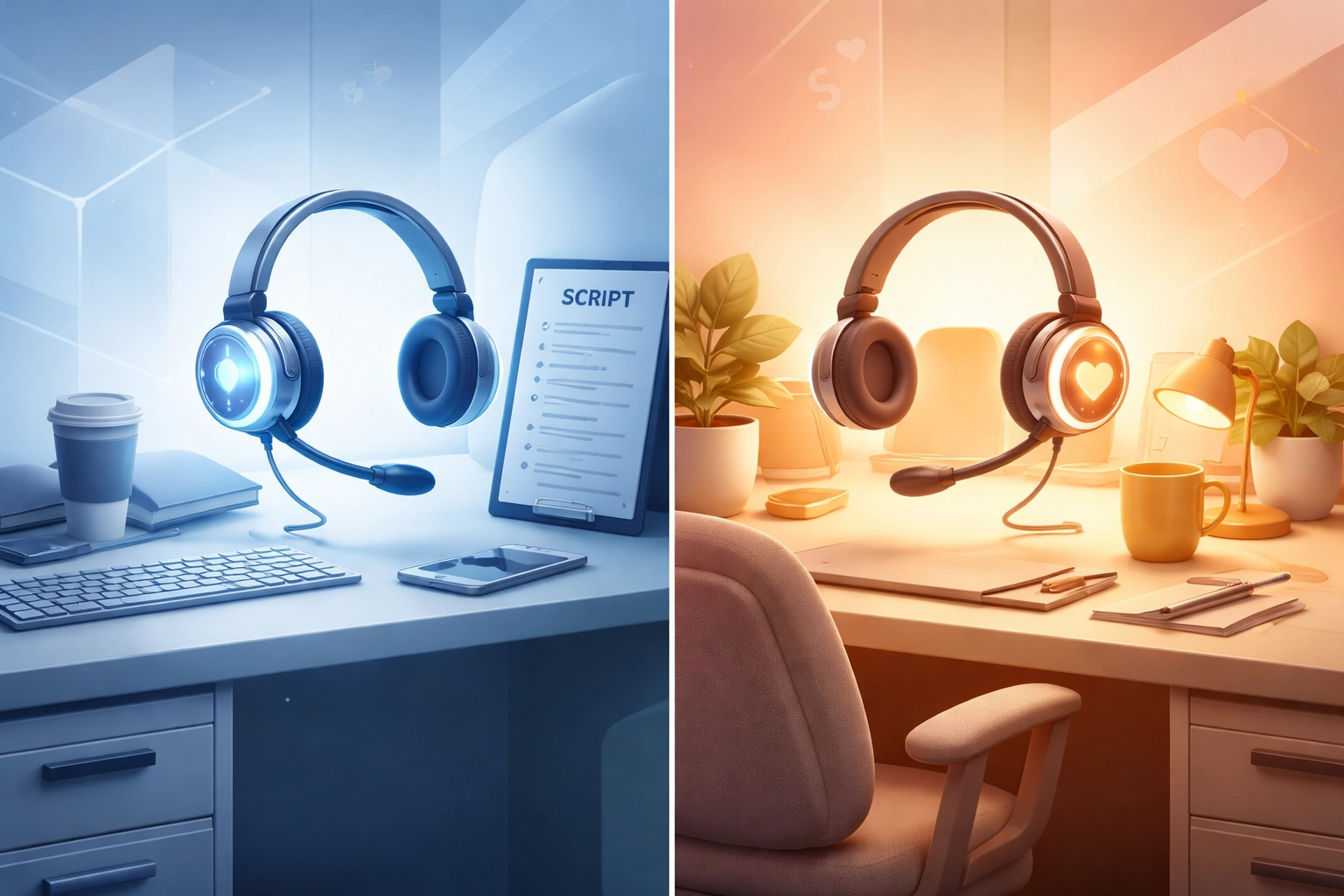 Split view of a call center workspace showing the contrast between rigid scripts and warm, personalized admissions approach