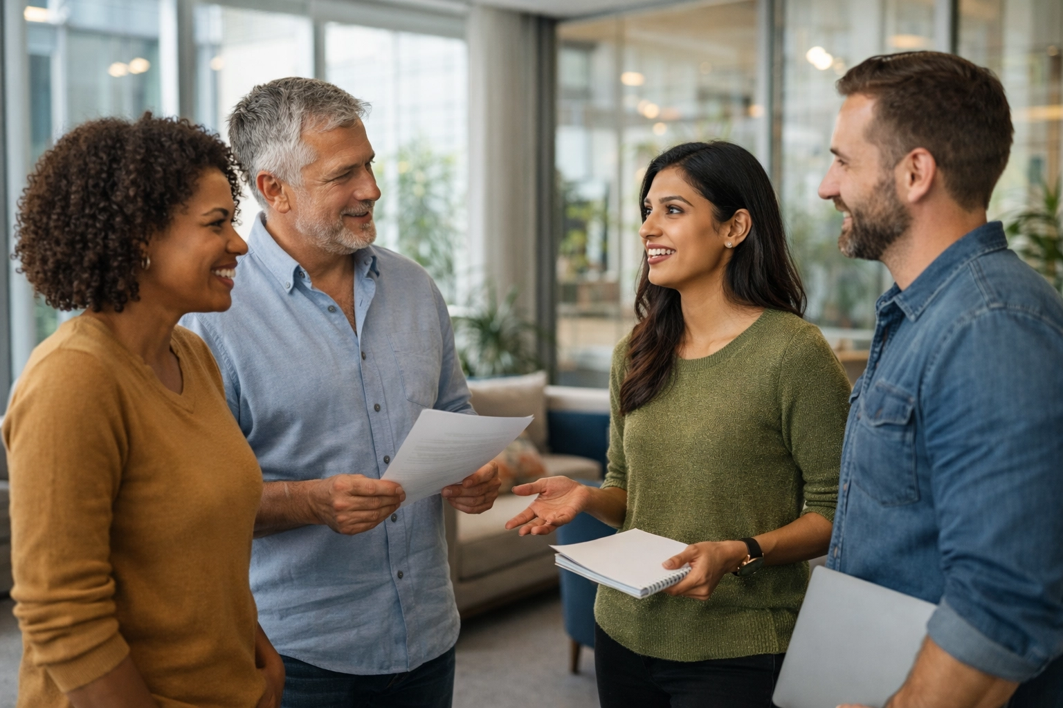 Diverse team in a casual standing huddle near a lounge area, collaborating and engaged during a change initiative.