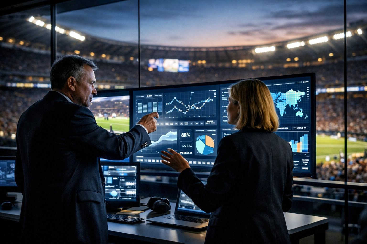 Marketing experts analyzing sports media data in a professional stadium war room during Super Bowl LX.