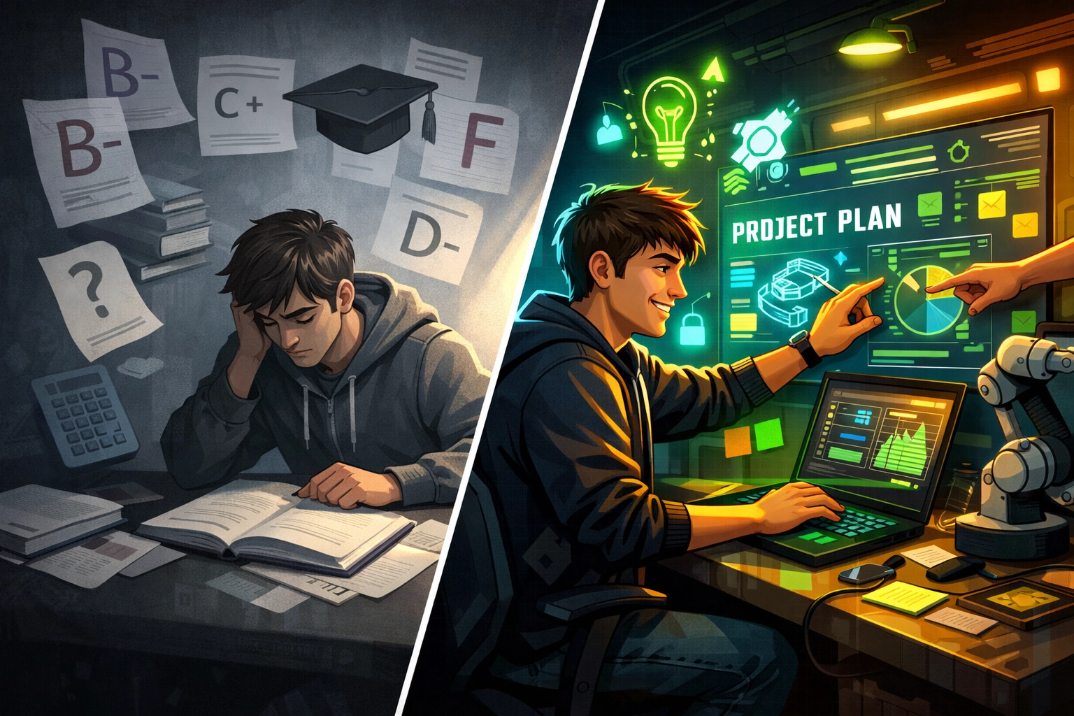 Student comparing academic grades versus hands-on workplace experience and practical skills