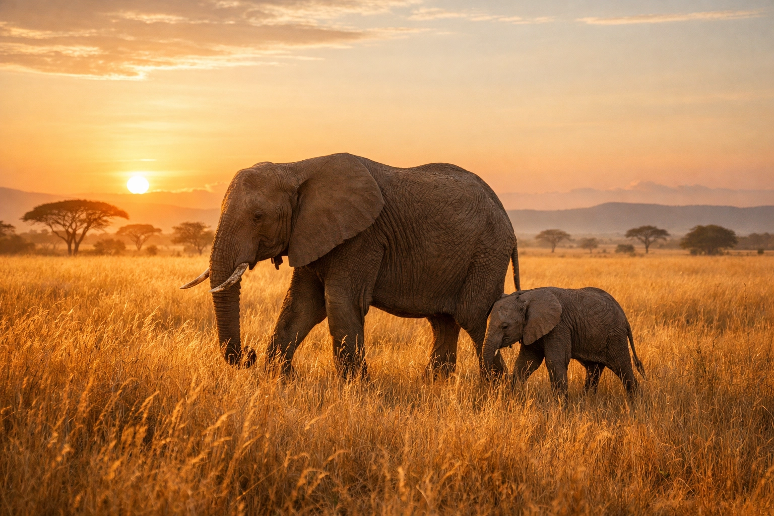 Mother and calf elephants at sunrise illustrating high-quality wildlife photography for brands.