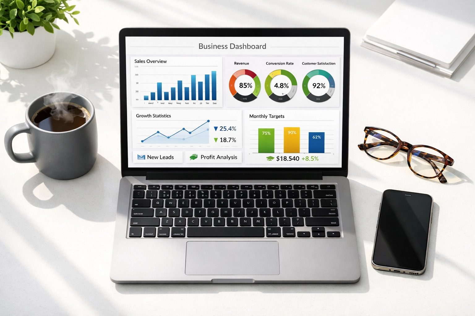 A laptop displaying a ServiceNow business dashboard with key operational KPIs and performance metrics.