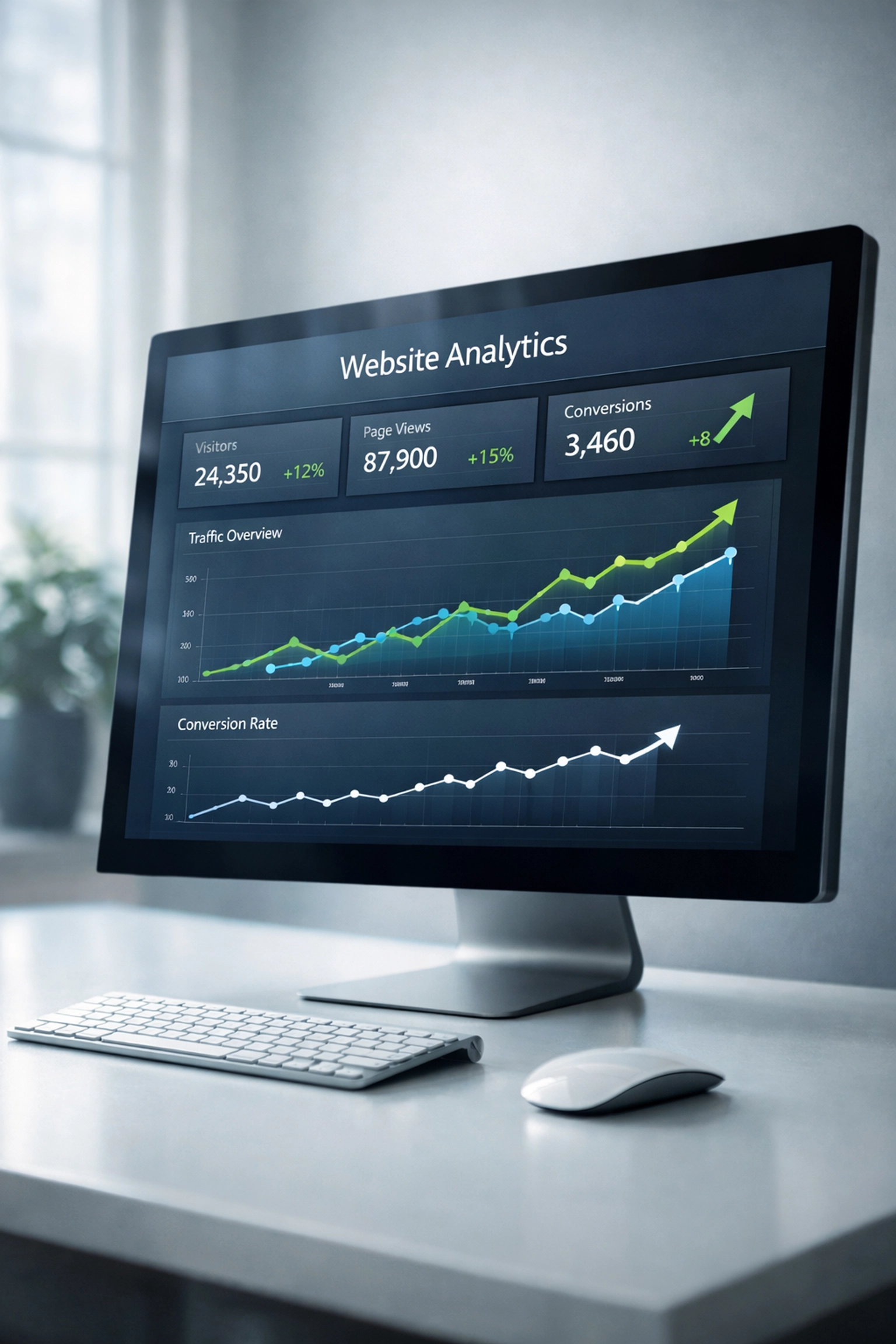 Computer monitor displaying upward trending website performance analytics and SEO metrics