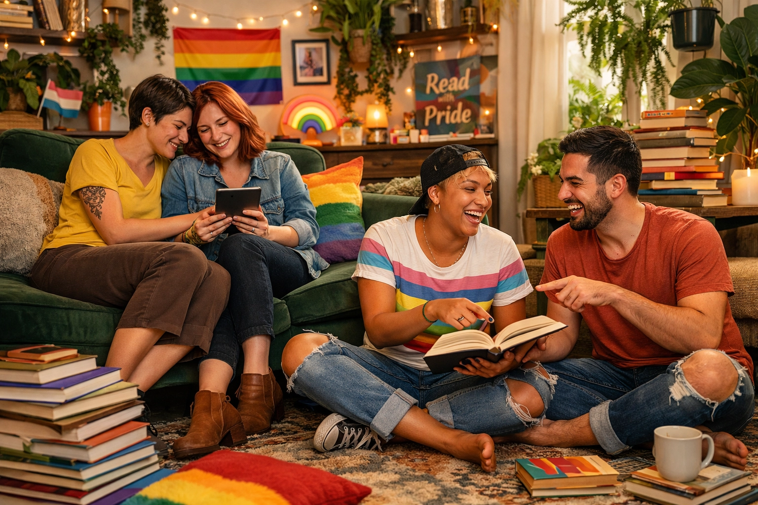 Inclusive LGBTQ+ book club community gathering to discuss queer fiction and MM romance novels.