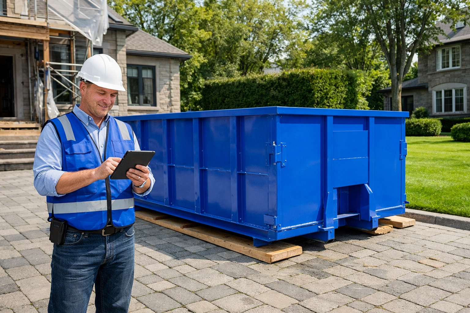 Site supervisor managing project costs next to a professional blue bin rental for Toronto contractors.