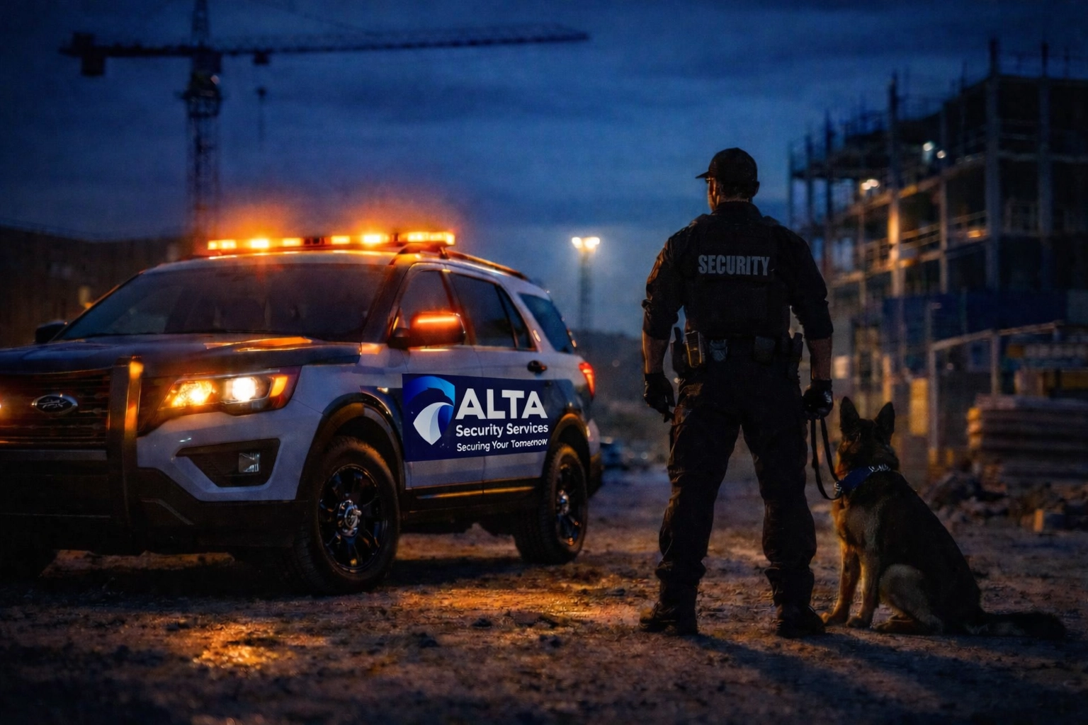 Security patrol vehicle with K9 unit providing after-hours construction site protection at dusk