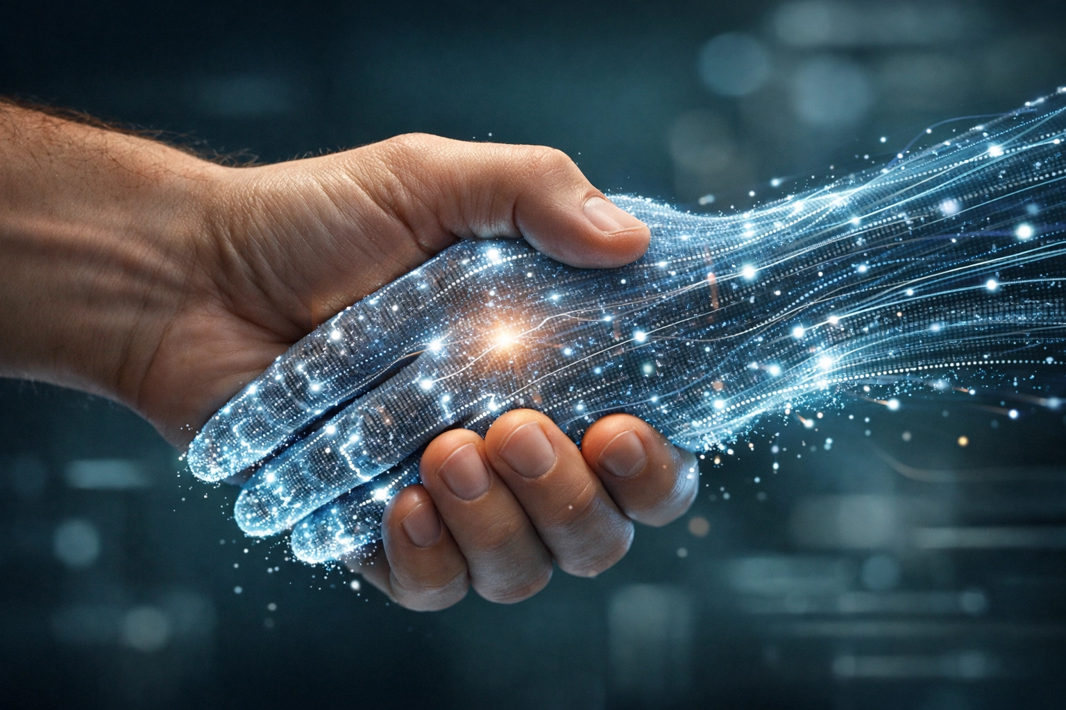 A digital handshake symbolizing trust and ethical transparency in ai powered customer service for businesses.