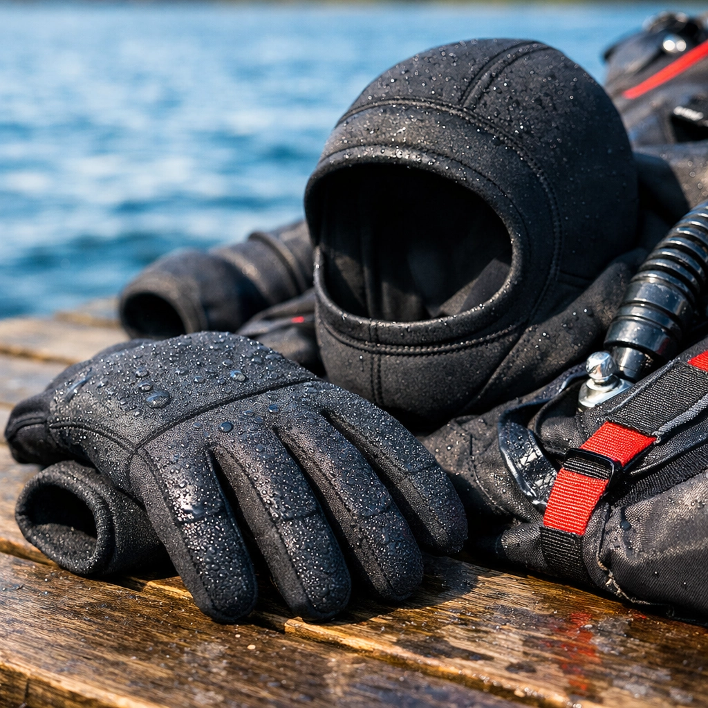 Kaltwassertauchausrüstung mit Neoprenhandschuhen, Kopfhaube und Trockentauchanzug