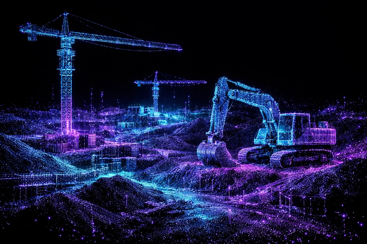 LiDAR point cloud scan of a construction site at twilight showing precise architectural geometry.