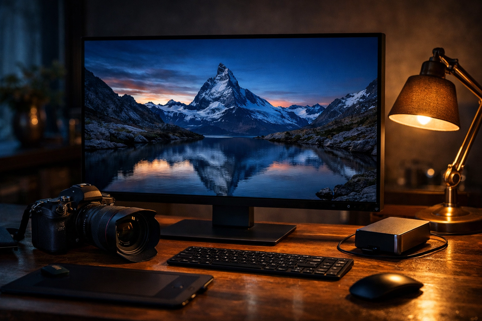 Professional photographer workspace with a monitor displaying landscapes from the best photography locations.