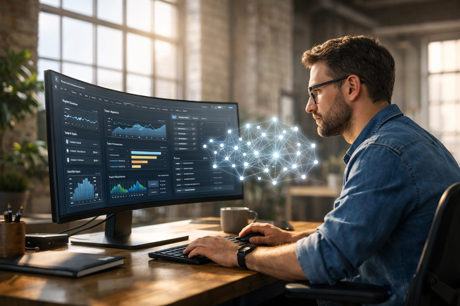 Hybrid professional demonstrating AI skills and advanced workflow optimization in a contemporary sunlit office.