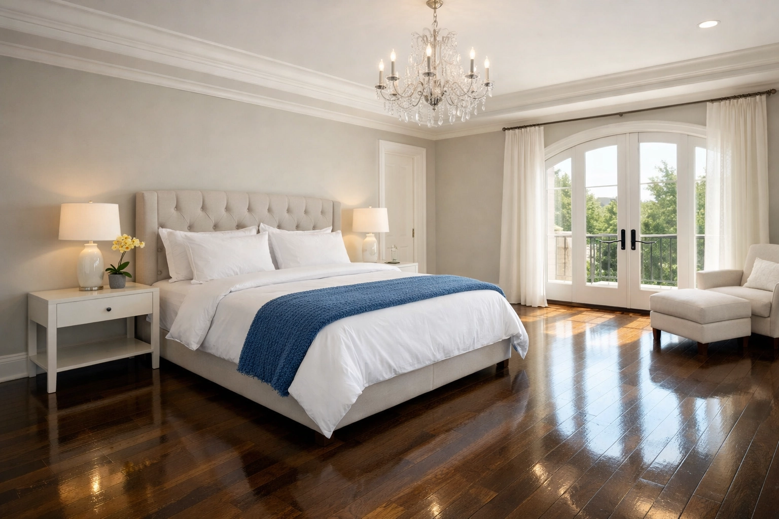Pristine luxury bedroom in a Carlisle home after a professional deep cleaning service for a stress-free result.