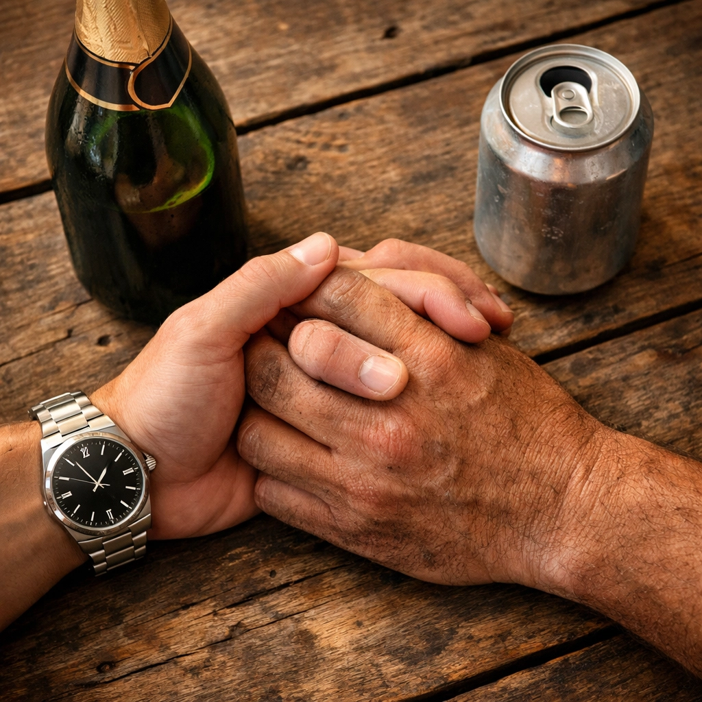 Intertwined hands with champagne and beer symbolize class divide in MM romance
