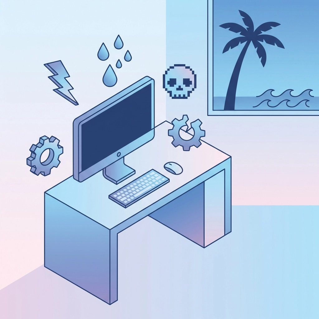 Small business office computer surrounded by icons representing disaster threats in Florida including power surges, humidity, cyber attacks, and hardware failure.