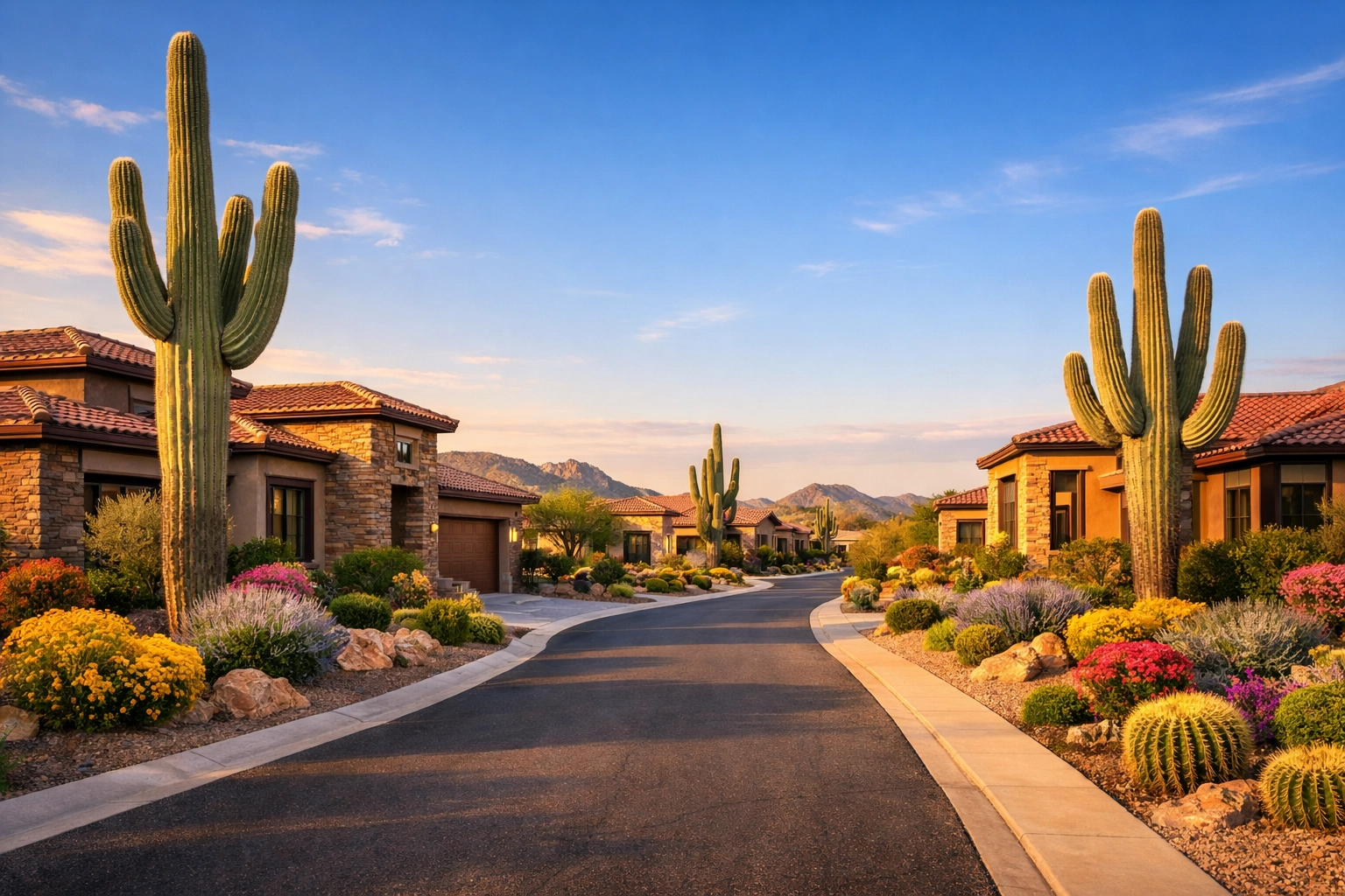Premium Peoria AZ residential street with modern desert-contemporary homes and landscaping.