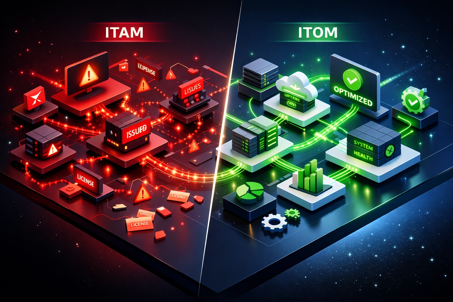 ServiceNow ITAM implementation dashboard comparing failed versus successful project outcomes