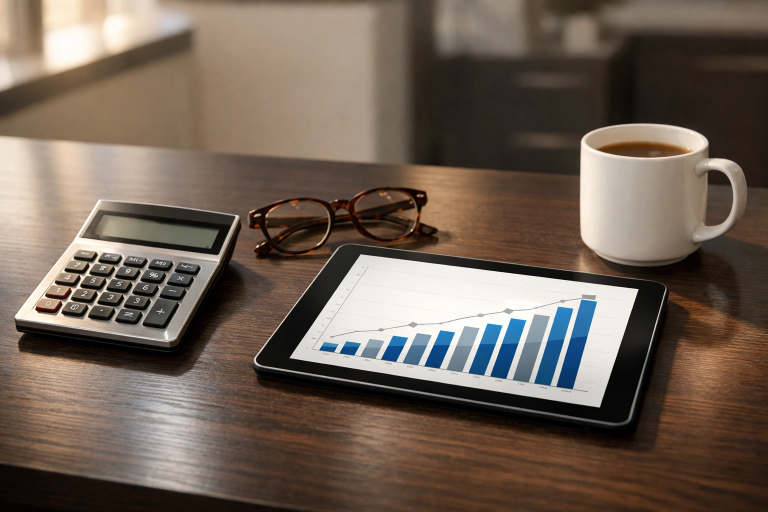 Modern office desk with a calculator and bar charts used to calculate how much a business is worth in Mississippi.