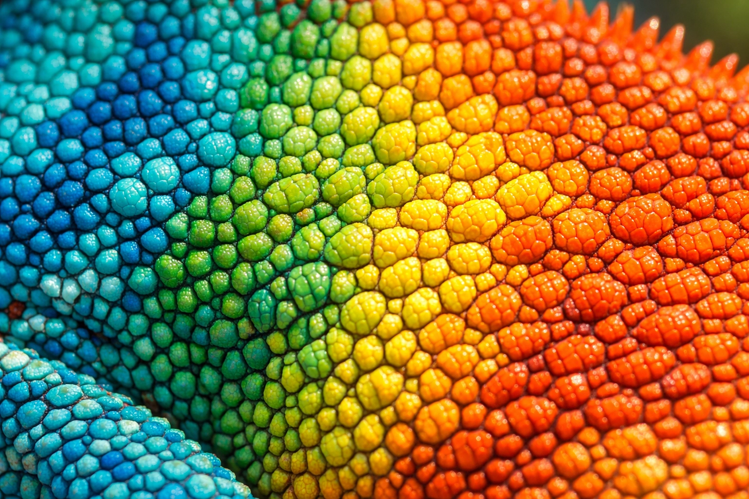 Macro detail of colorful Panther Chameleon scales showing high-quality wildlife photography.