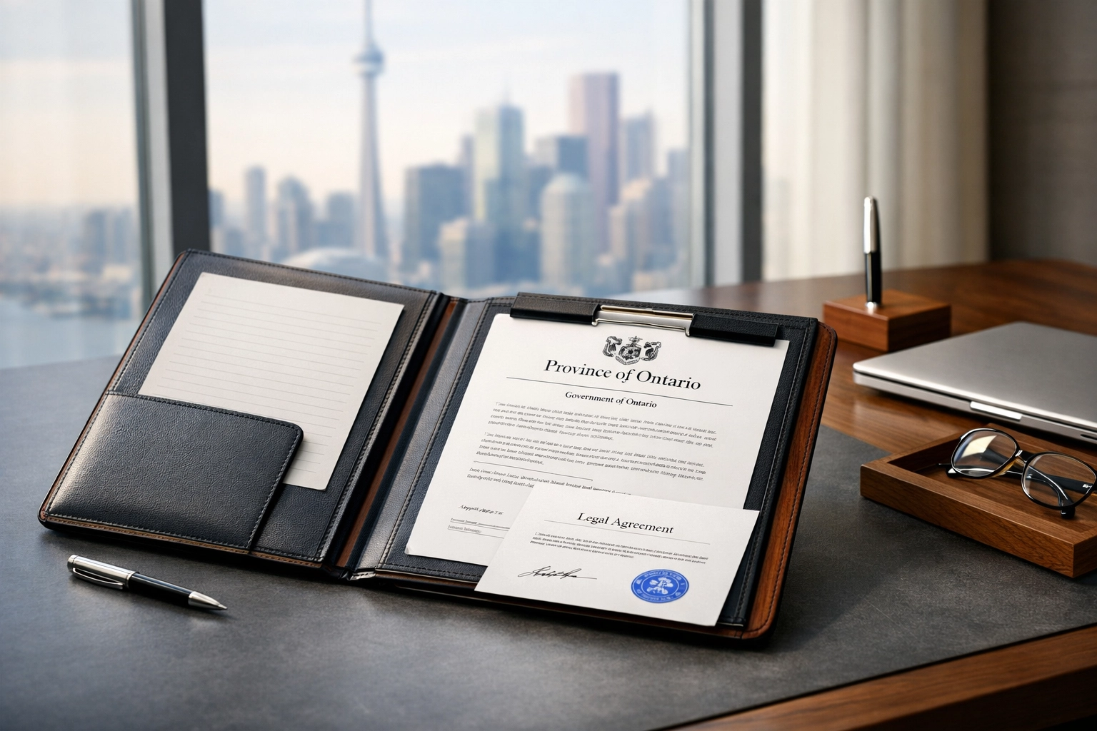 Ontario real estate legal documents and regulations on office desk with Toronto skyline view