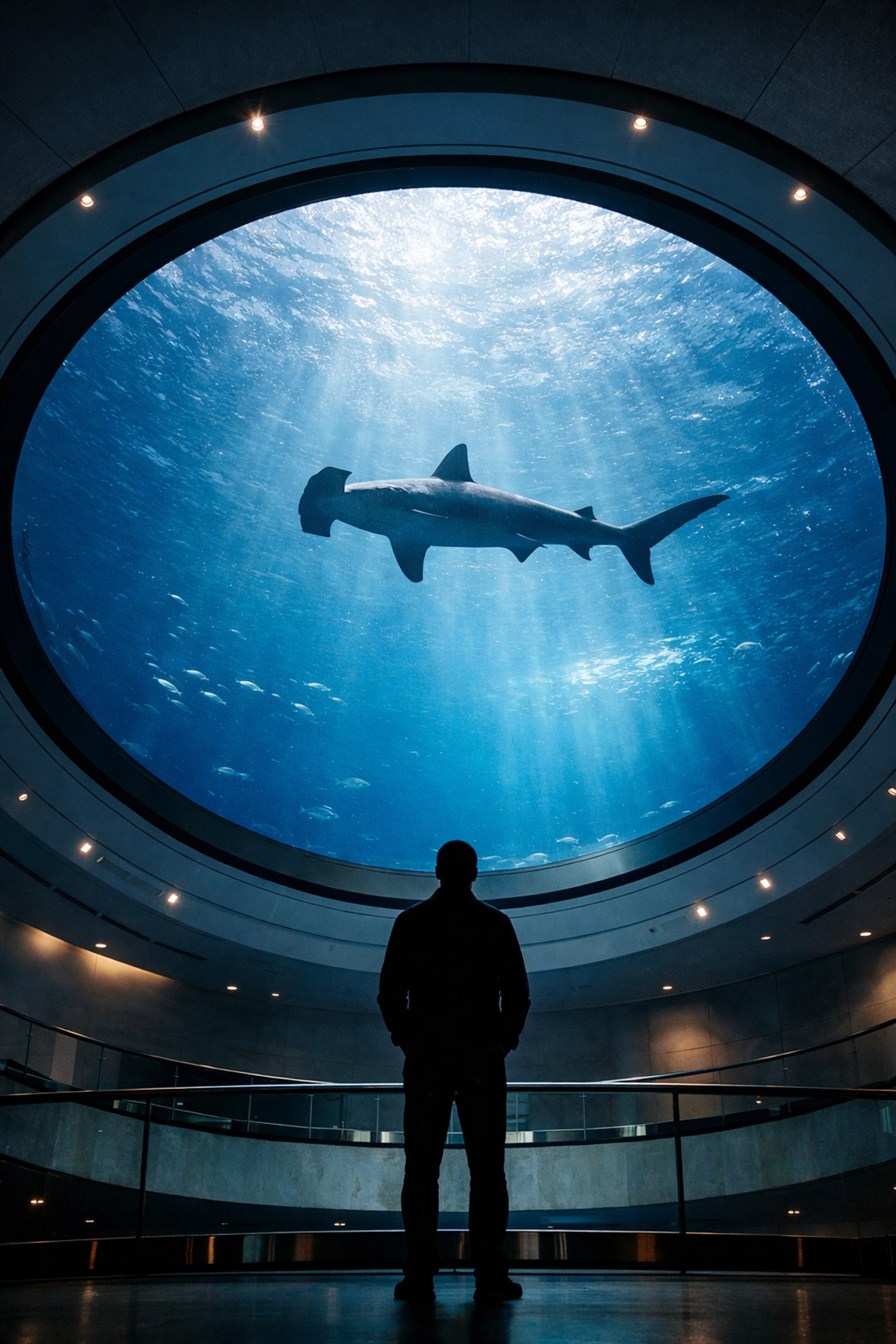 A hammerhead shark swimming over the aquarium oculus lens at the Frost Museum of Science in Miami.
