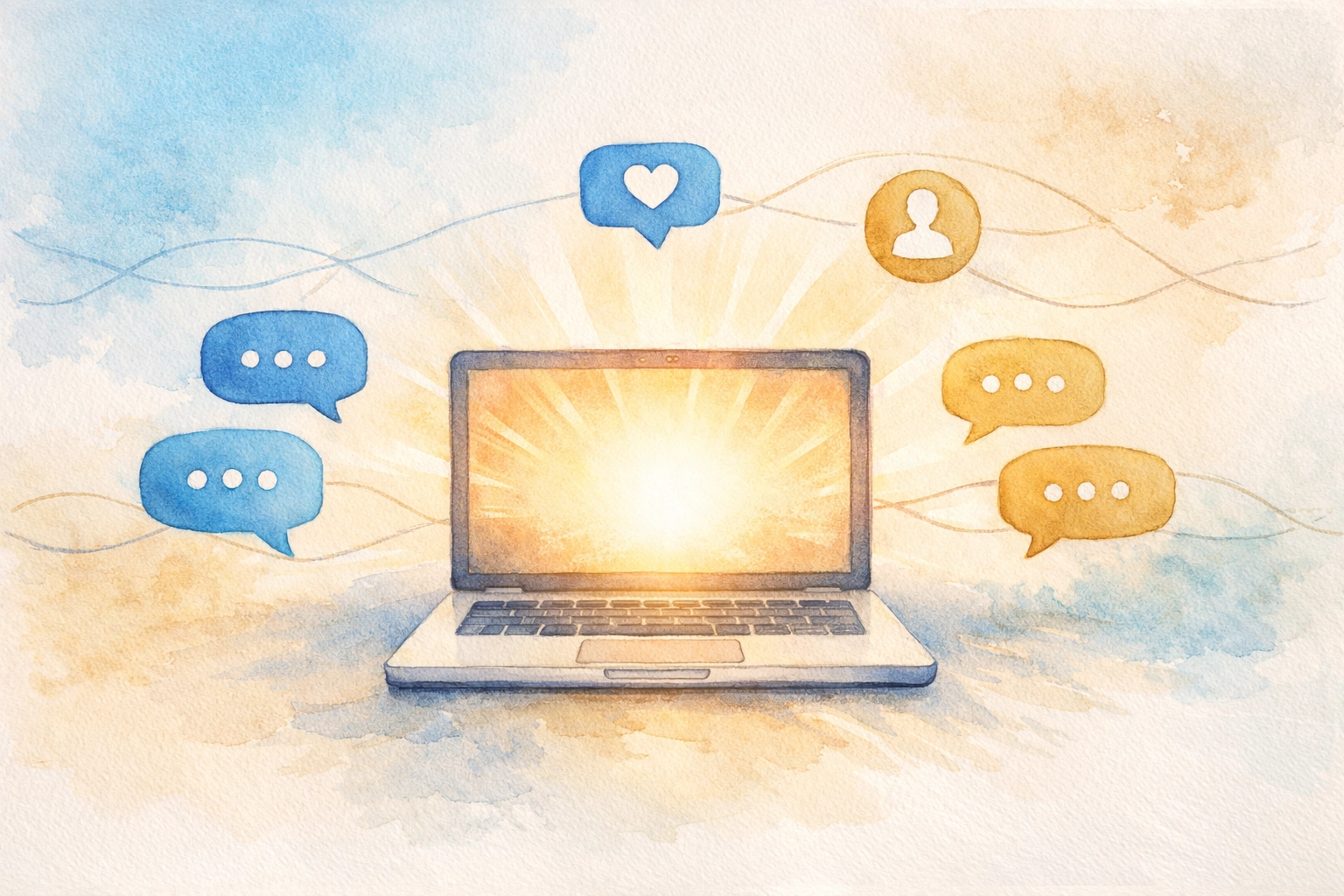 Welcoming digital space with laptop and chat bubbles for online church greeting ministry