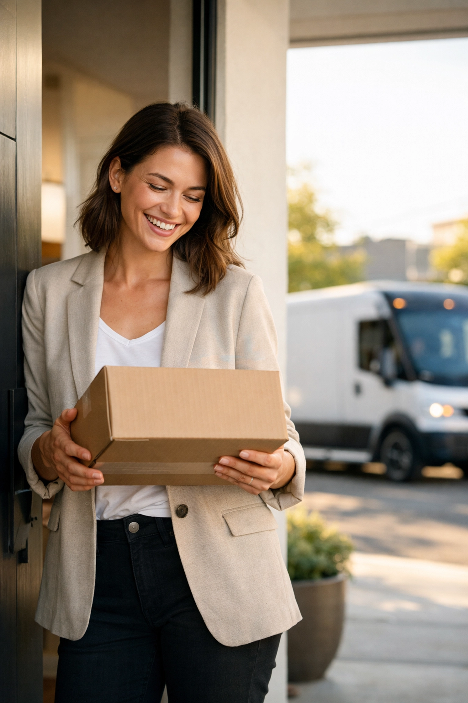 Satisfied customer receiving a same-day e-commerce delivery at their front door.