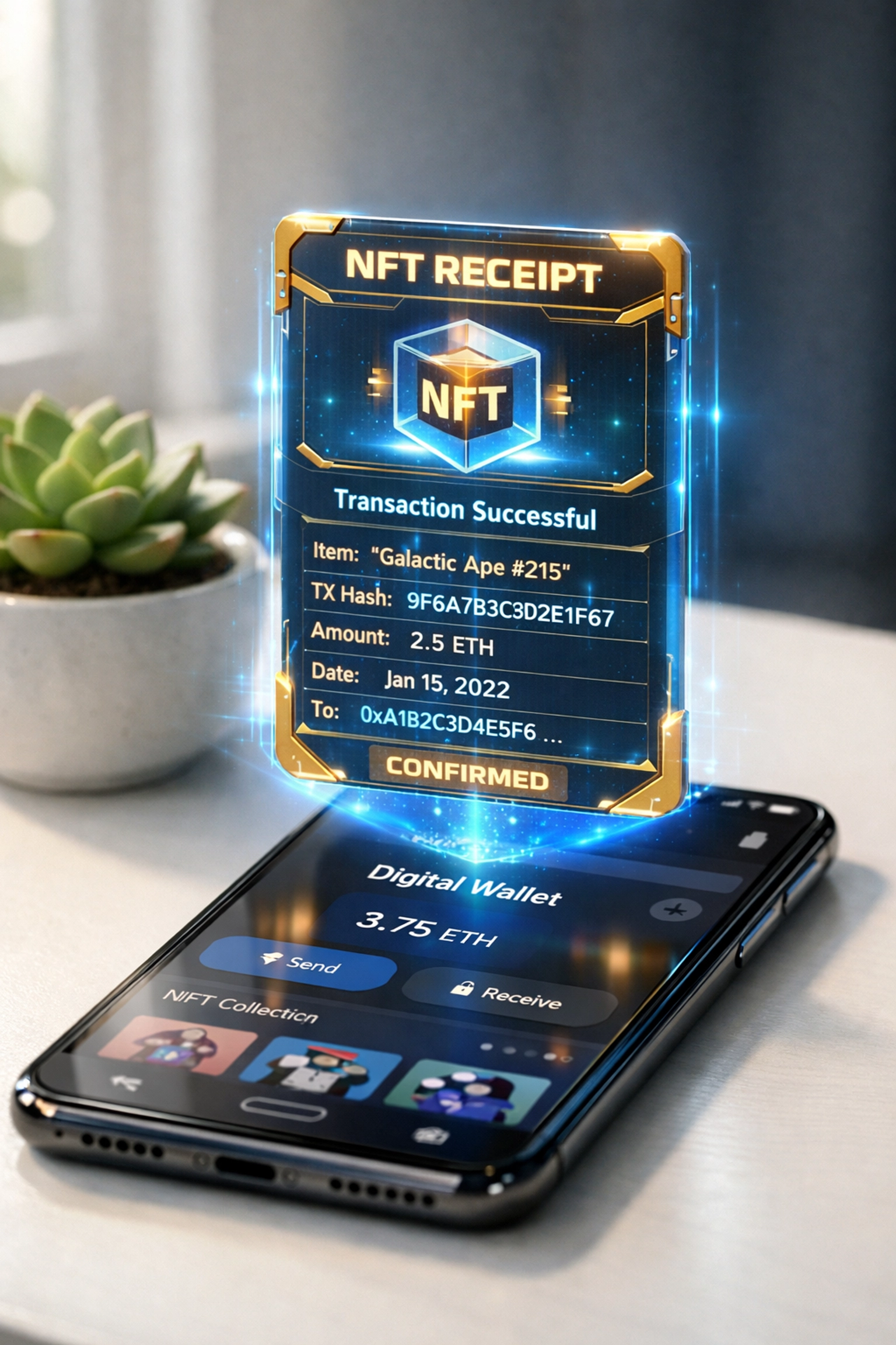 Larecoin NFT receipt and Receivables Token displayed on smartphone digital wallet