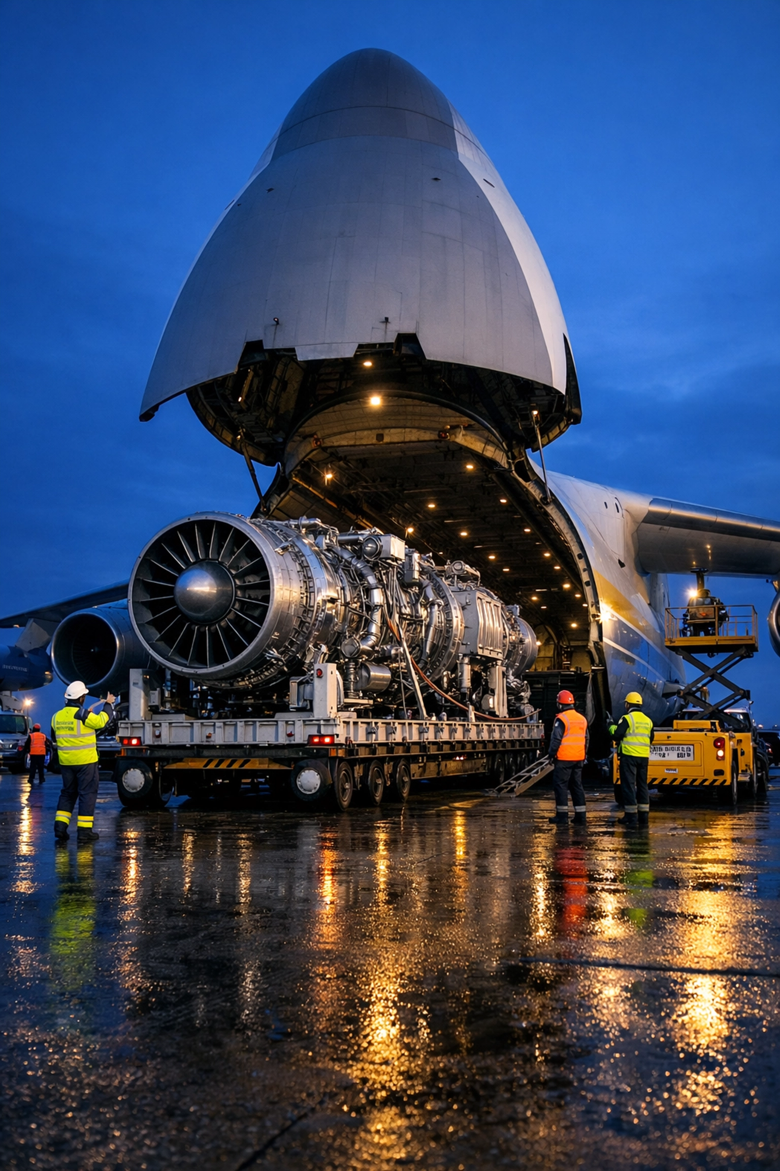 Loading a large industrial turbine onto a cargo plane at a UK airfield for fast energy equipment exports.
