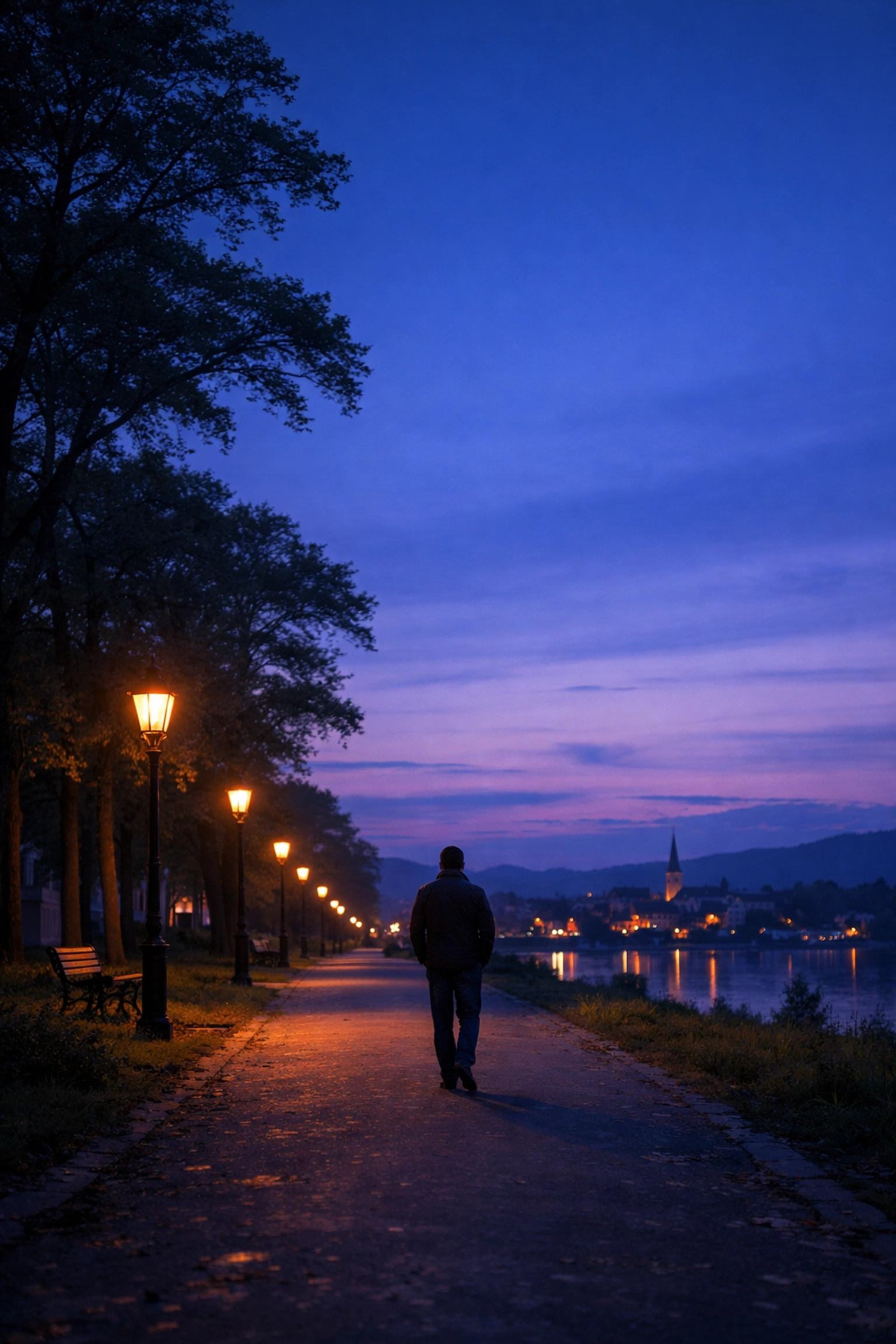 A man walking along a quiet path at twilight, reflecting on his week and finding mental clarity.