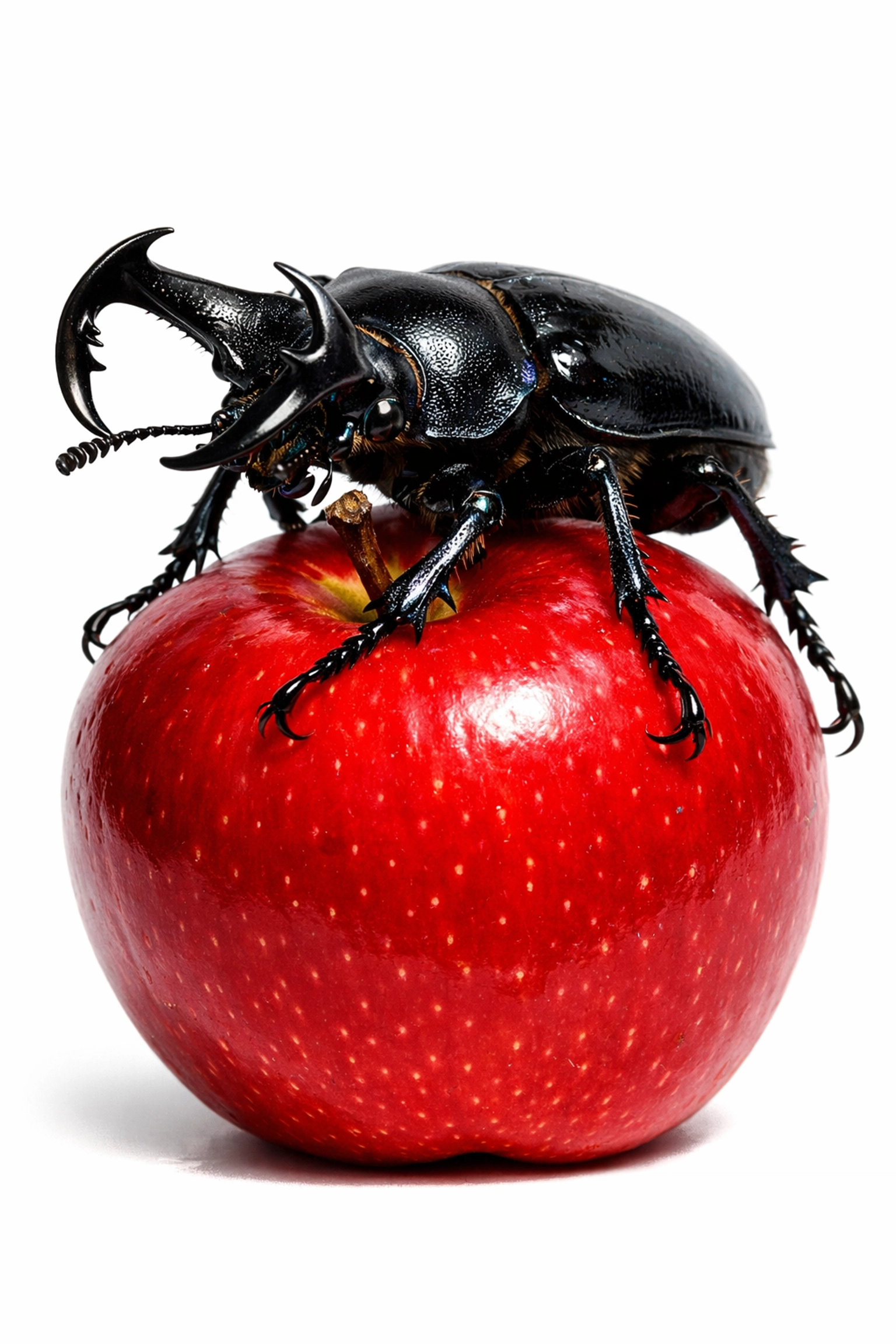 A stag beetle on a red apple representing the dark themes in Kafka's classic novella The Metamorphosis.
