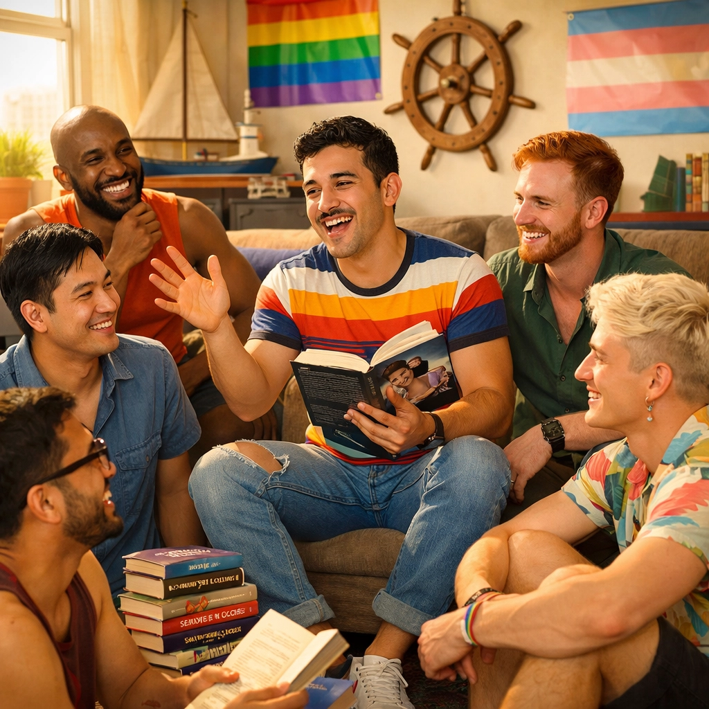 A diverse LGBTQ+ book club discussing gay romance novels and sharing stories of found family.