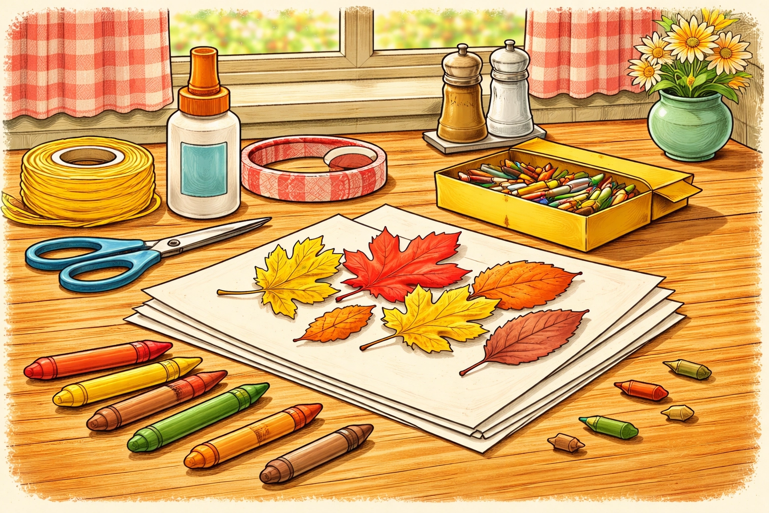 Leaf rubbing art supplies including crayons, white paper, and gathered autumn leaves on a cozy kitchen table