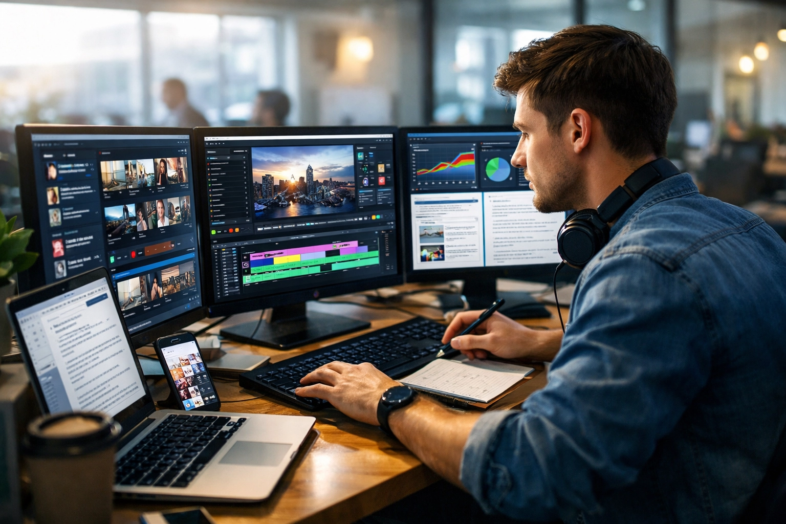 Professional analyzing multiple data screens showing workforce development program performance metrics