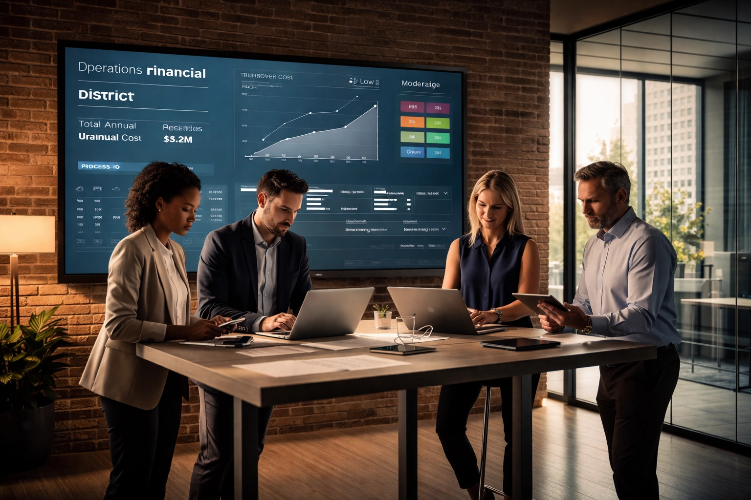 Operations team evaluates ROI and risk metrics in a Boston office war room, highlighting culture impact.