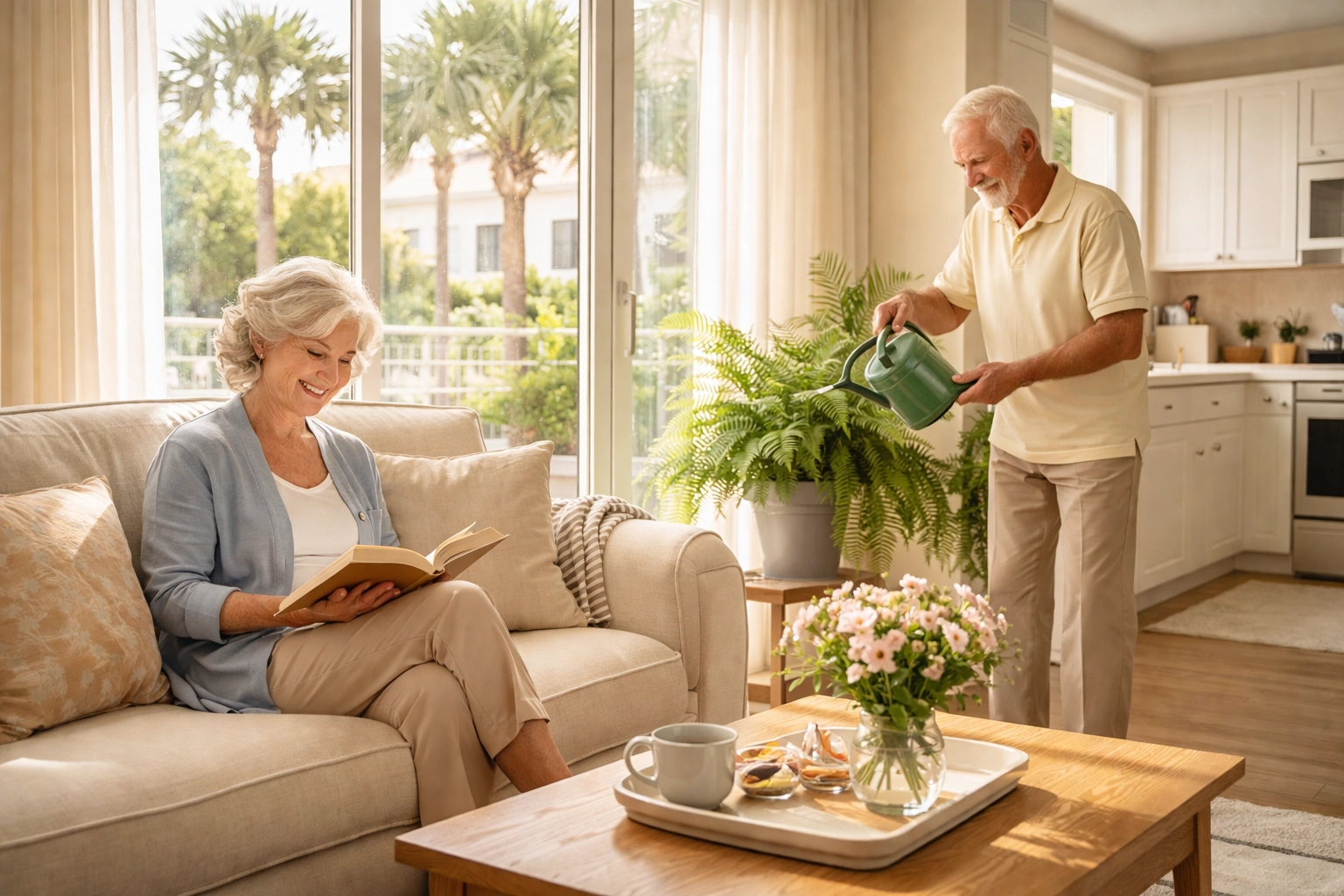 Active senior couple enjoying a bright Sarasota independent living apartment with palm views and sunlight.