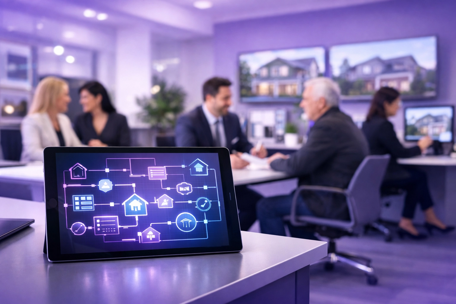 A digital tablet displaying n8n workflow automation nodes inside a modern real estate agency office.