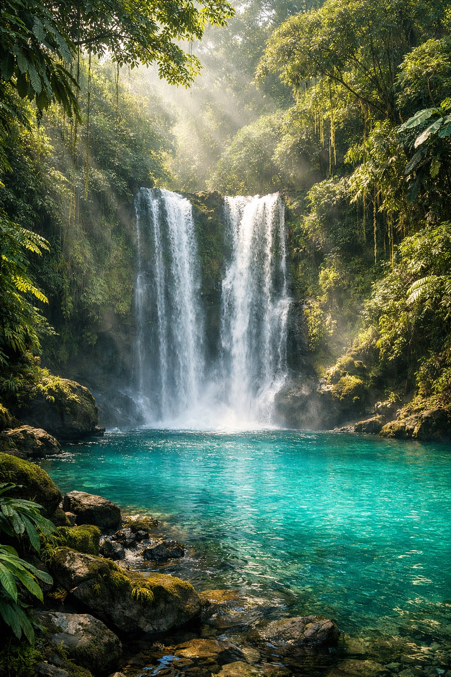 Stunning AI enhanced landscape photo of a tropical waterfall with vibrant green jungle foliage.