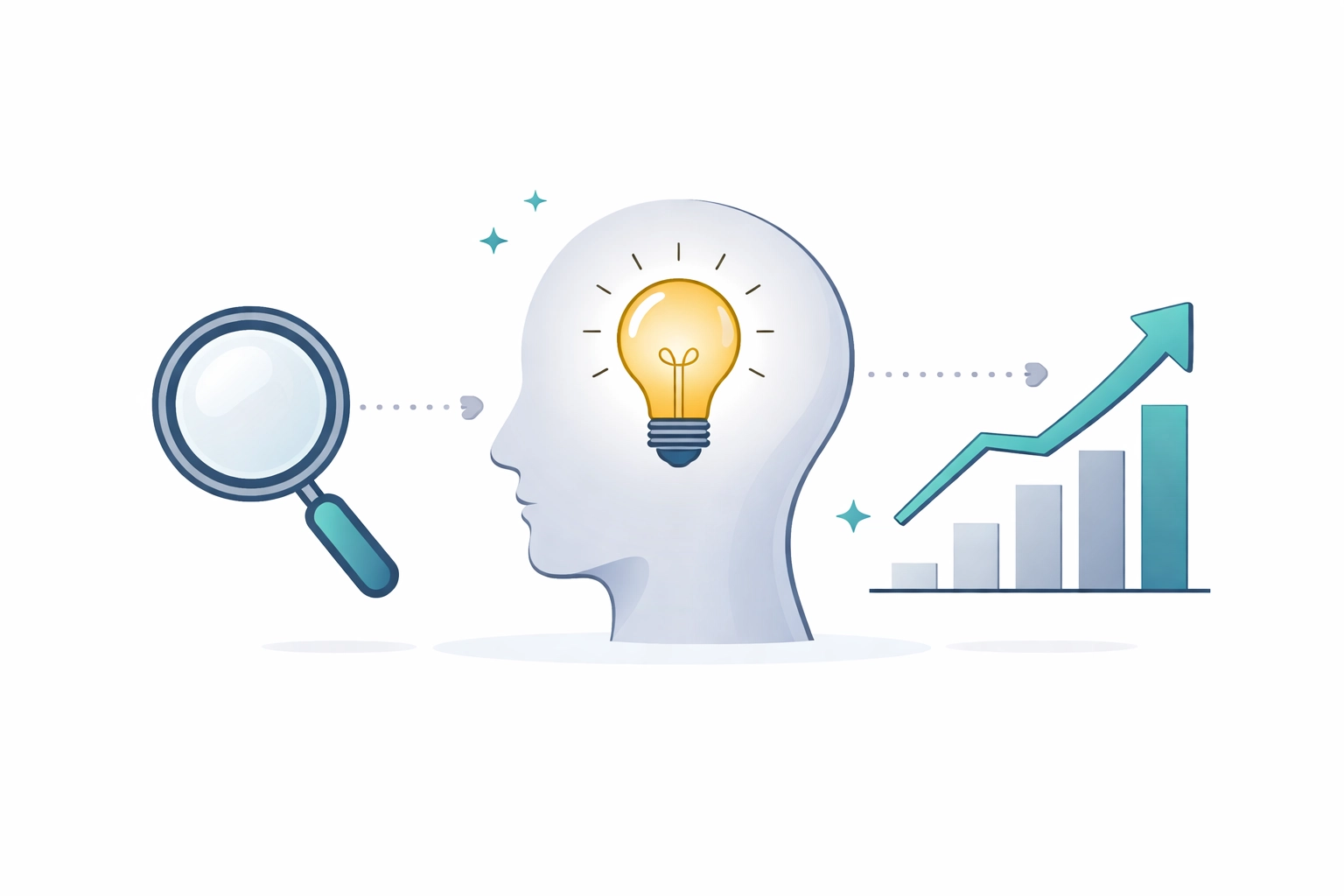 Simple illustration of brand recognition growth with icons for search, memory, and upward trend, emphasizing SEO scorecard benefits