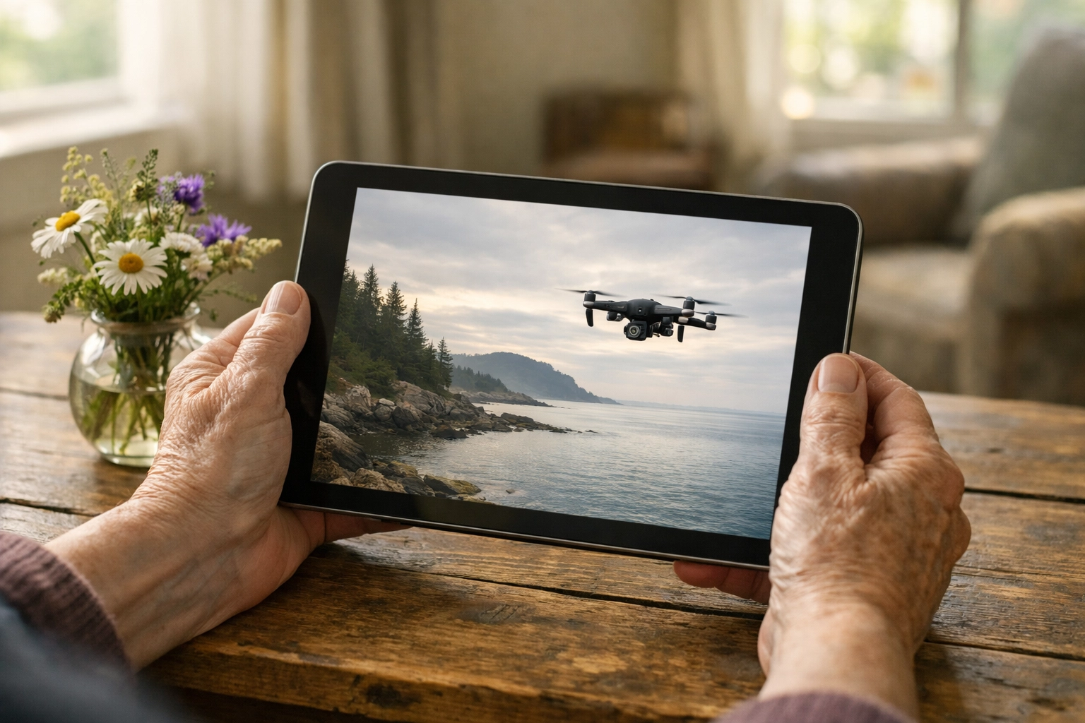 A family member watching a live-streamed drone memorial service on a tablet, a unique memorial service idea.